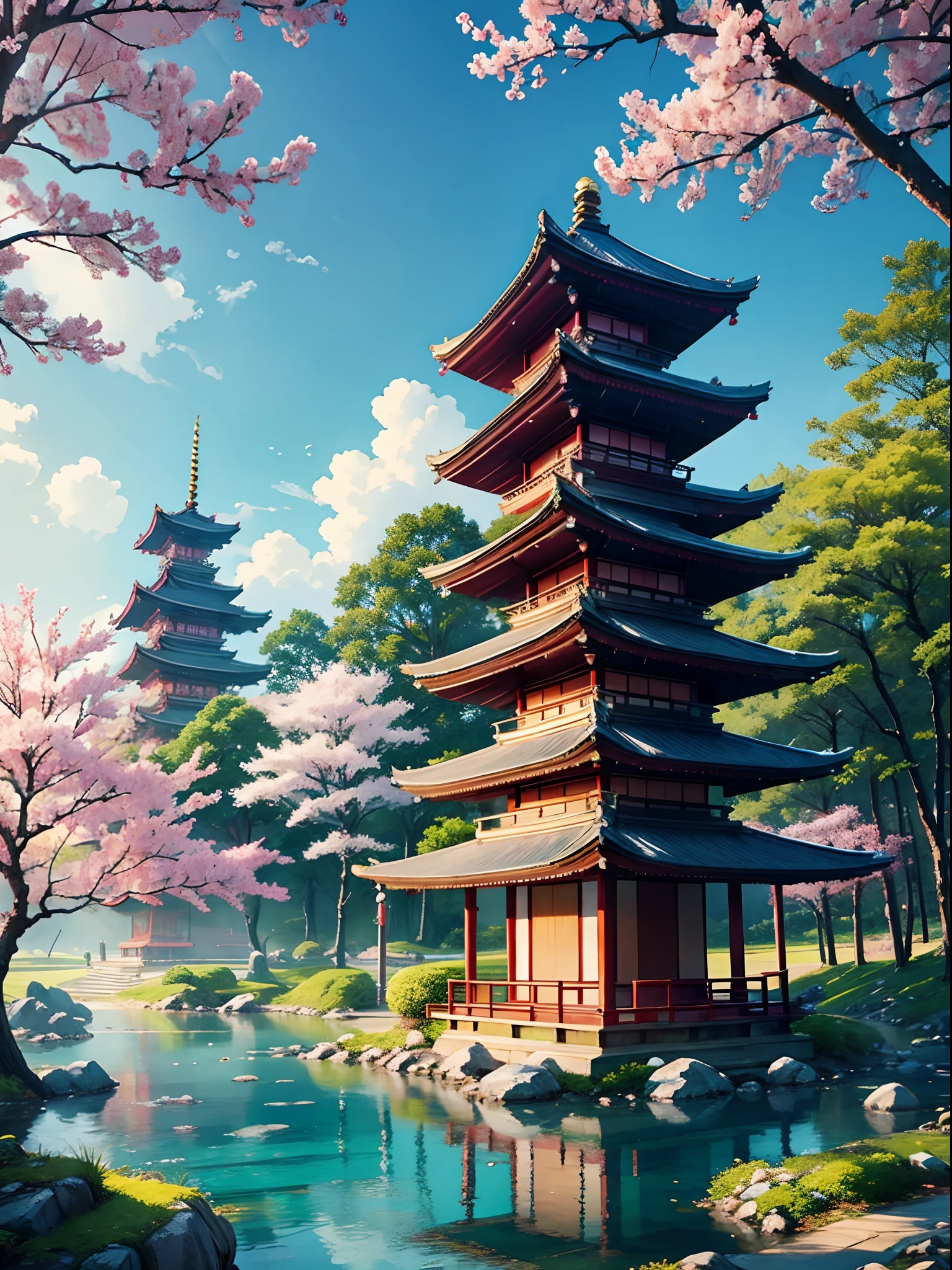 asian landscape, pagodas, pastel colors, beautiful japanese trees