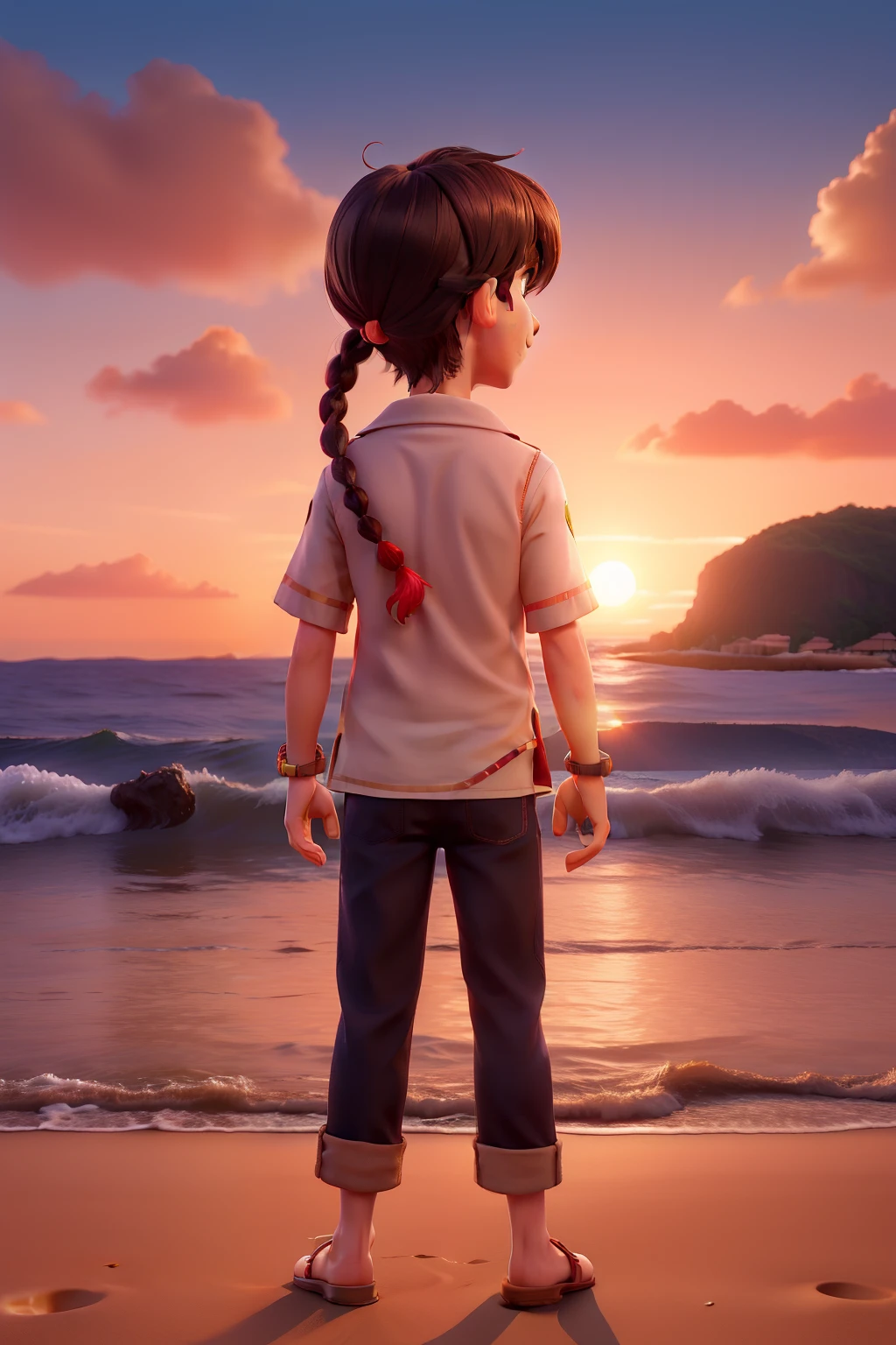 1boy, solo,smile, beach,(sunset:1.1), akagi_rin(denchi-project), solo, star hair ornament, twin braids,sparkle, from behind, looking back, huge sunset,red floating, uniform, night, waving, sea