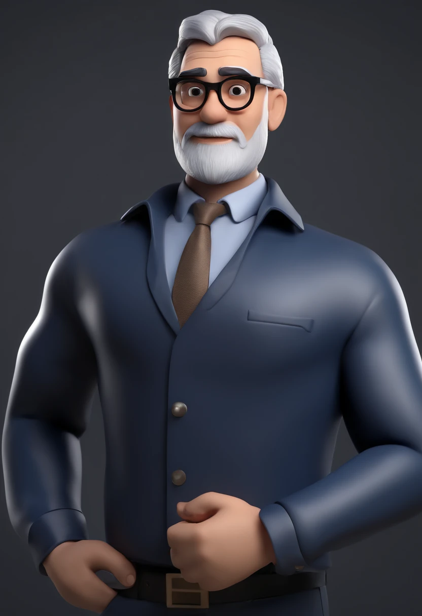 Cartoon character of a gray-haired man with a gray beard with black glasses and a blue shirt, animation character, Caractere estilizado, animation style rendering, 3D estilizado, Arnold Maya render, 3 d render stylized, toon render keyshot, Personagem 3D, Personagem 3D, 3d rendering stylized, 3 d character render, personagem de desenho animado, Personagem de close up, Pose de personagem,  (Estilo Pixar) (master part:1.2) (Bokeh) (best quality) (pele detalhada) (textura detalhada) (8k) (argila) (Cinematic lighting) (foco nítido