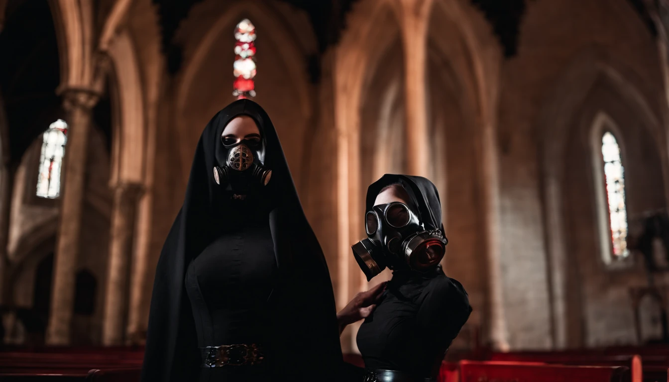nun with anti-gas mask posing for a photo in a gothic church at night, red lights, dark nun fashion, horror fashion, latex fashion, fetish fashion, darksynth aesthetic.