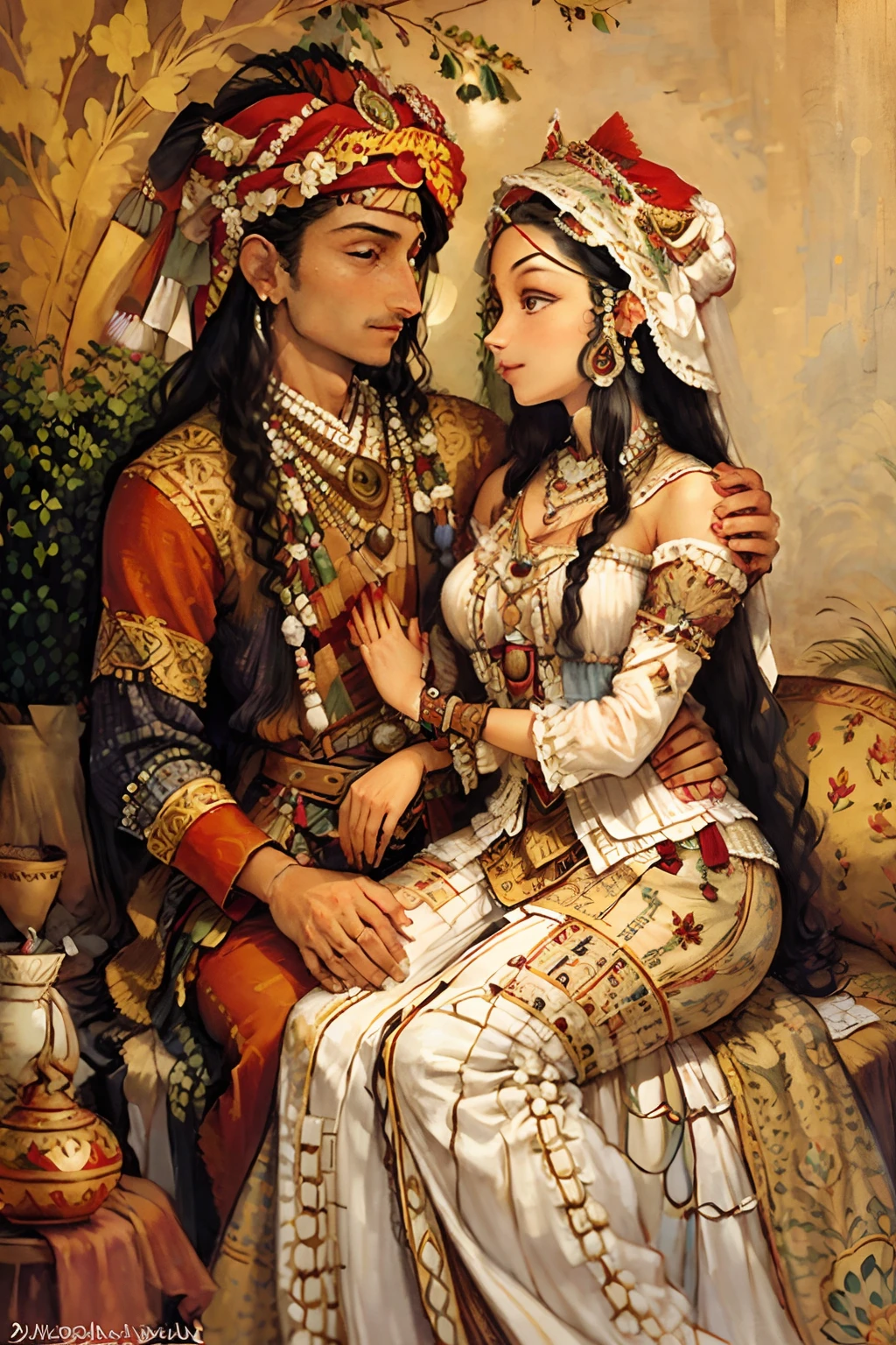 A beautiful Iranian woman sit under tree looking to eyes of beautiful young man, long hair, dressed in traditional Iranian clothing that reflects the rich cultural heritage. they are big smiling to each others face, they are touching, , floral background, the storytelling artwork of Norman Rockwell, and the traditional Iranian miniature paintings