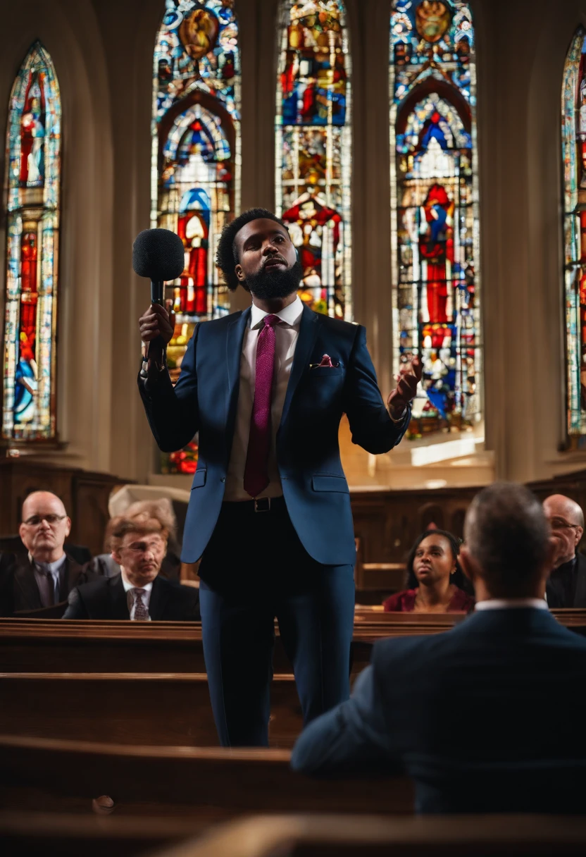 .A church pastor wearing a suit and tie, he uses a microphone and in the background is the church audience, he is next to a glass pulpit. His hair is black, curly and short, he wears a beard and has thick eyebrows.