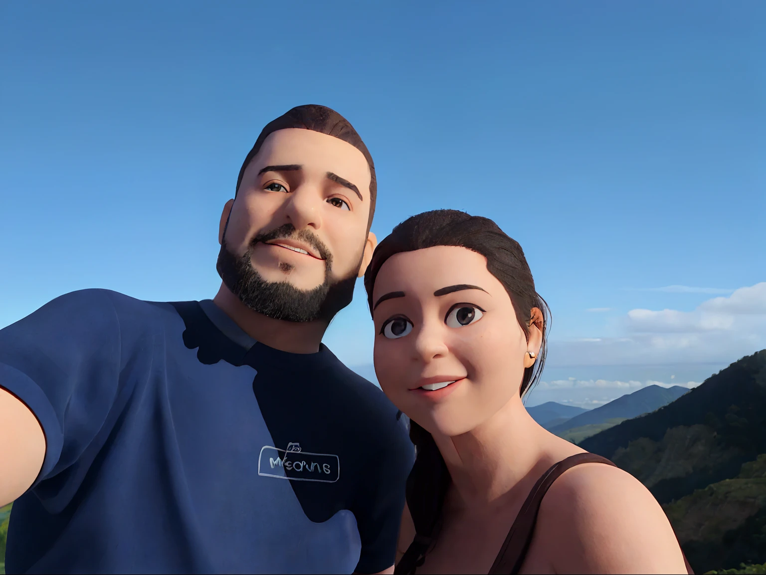 There's a man and a woman taking a selfie on a mountain, com montanhas ao fundo, com montanhas no fundo, com montanhas como pano de fundo, Montanhas ao fundo, imagem de perfil, nas montanhas, com montanhas ao longe, nas montanhas, em uma montanha, no topo de uma montanha, na montanha, Moutain no fundo