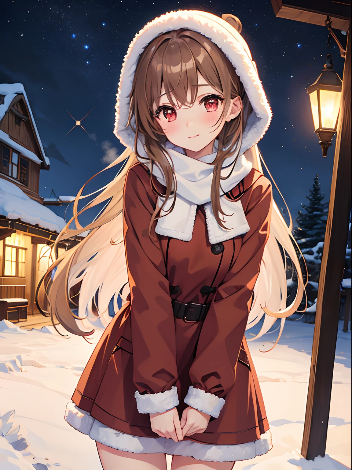 1girl in, Light brown SHRT hair, Red Eyes, center parted hair, medium breasts, Cute, blush, winter, outdoors, night, starry sky, warm clothes