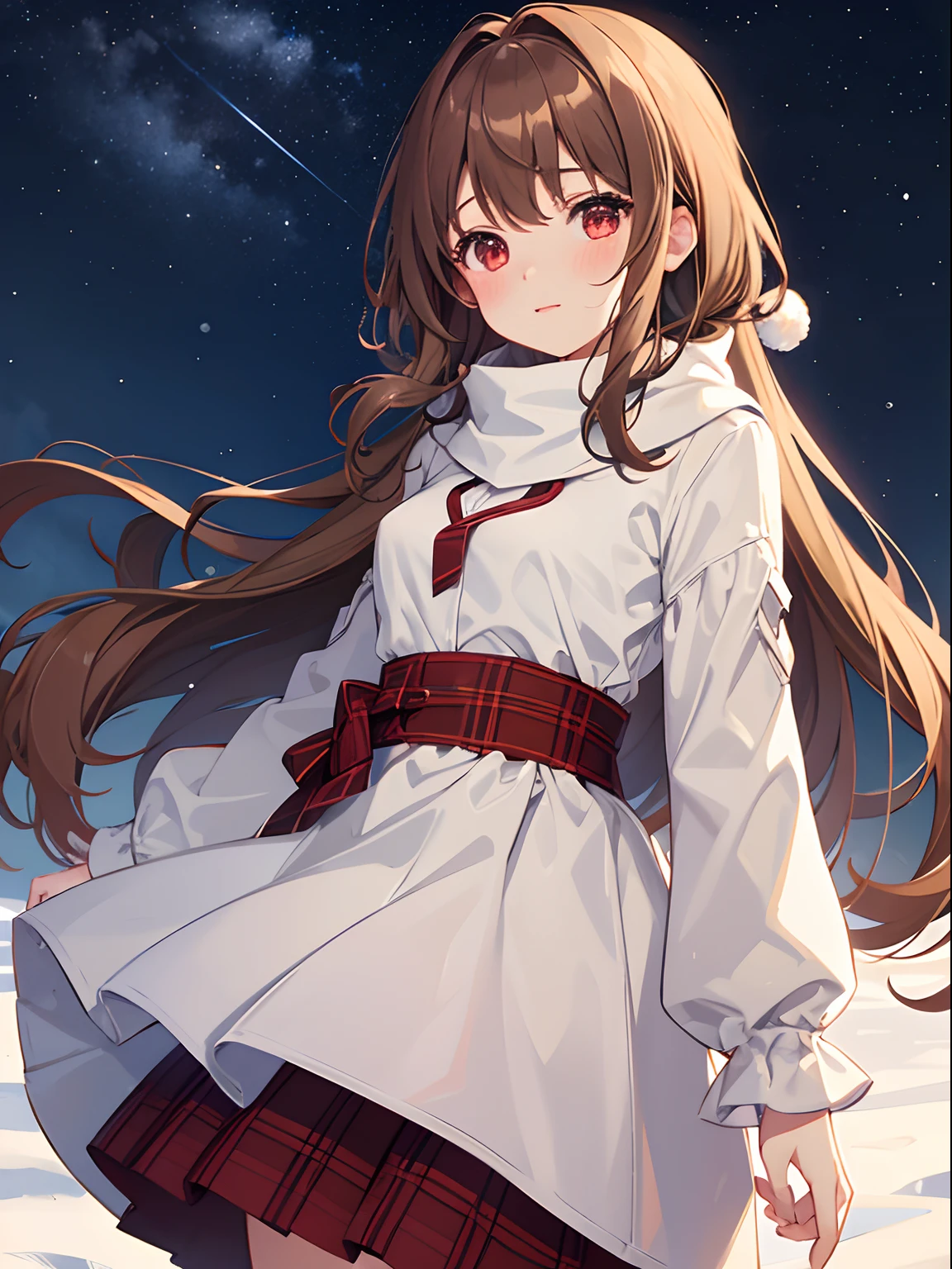 1girl in, Light brown SHRT hair, Red Eyes, center parted hair, medium breasts, Cute, blush, winter, outdoors, night, starry sky, warm clothes