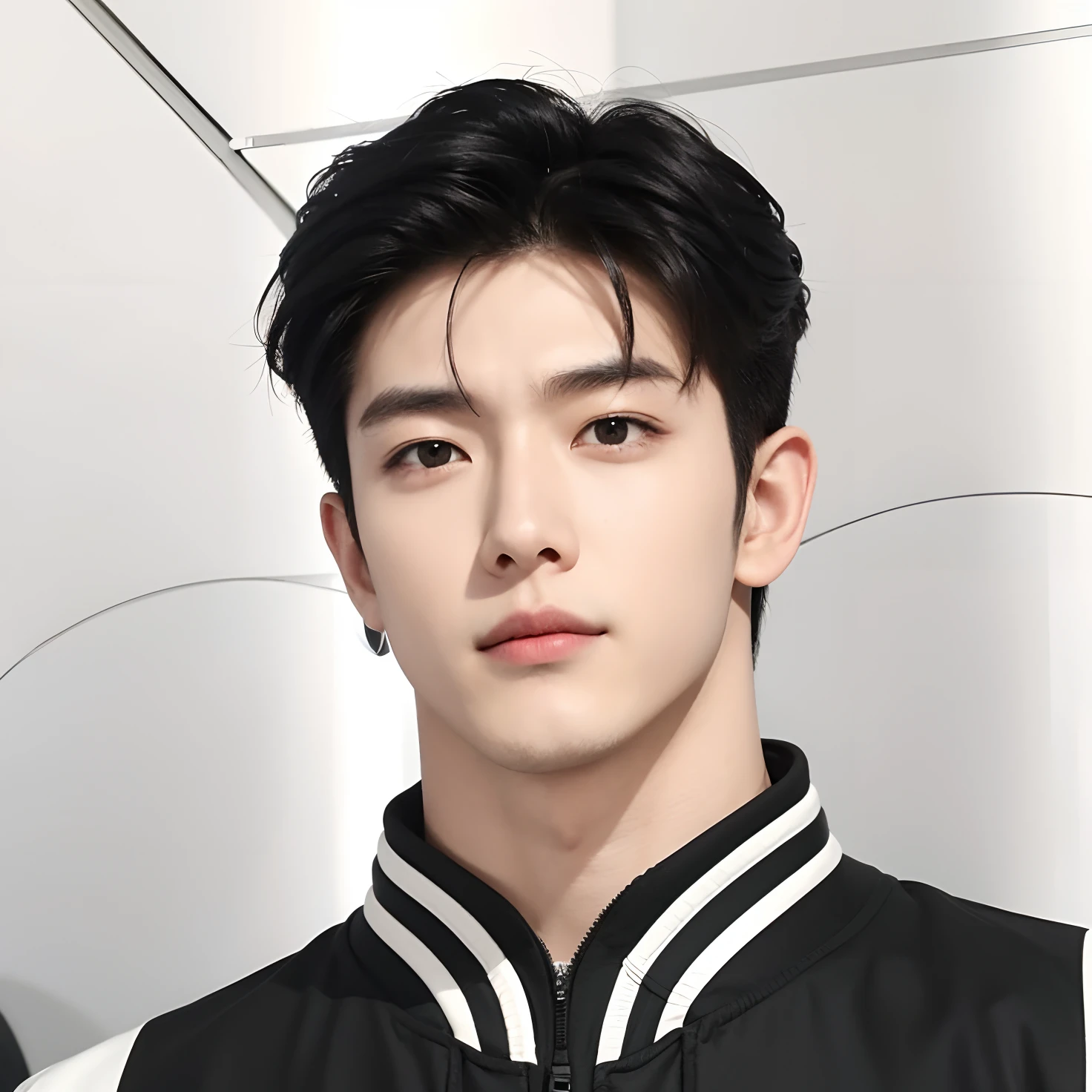 A man with realistic black hair, realistic Korean handsome face, realistic cool expression, realistic black and white jacket,Realistic light, realistic shadows, realistic background