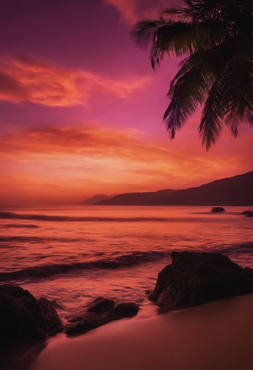 (master part, best quality:1.4), Cinematic light, colorido, alto contraste, neon light, heaven, sunlight, space, Praia, Onda, sem pessoas, Fotografia de paisagem expansiva, (a view from below that shows the sky above and the sea below wear a lot of purple and orange, Detalhes, warm colors and vibrant Japanese anime style