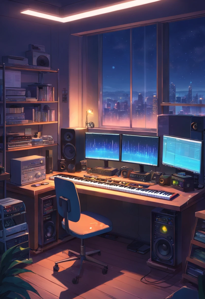 Music studio room, Dark room, Night, Computer, keyboard, Earphone, Monitor the speaker, Small lights, A high resolution, ultrasharp, 8K, Masterpiece