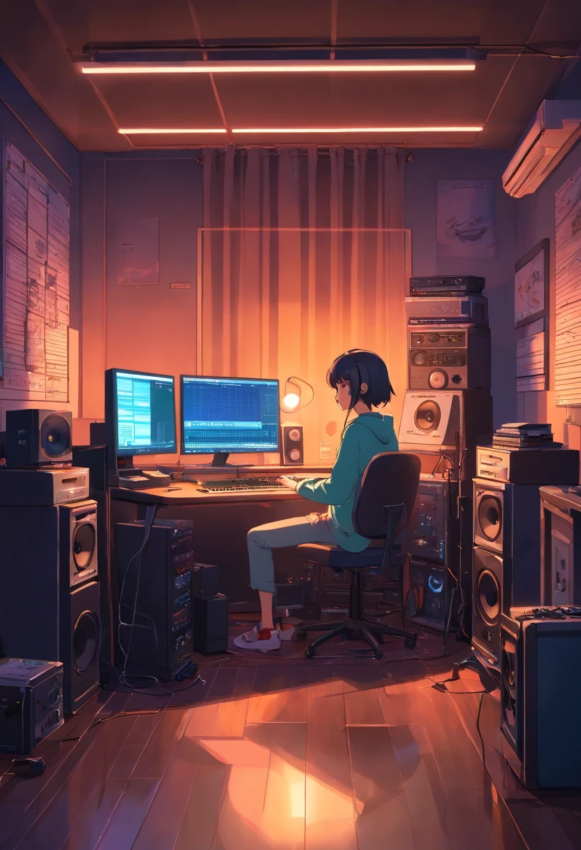 Music studio room, Dark room, Night, Computer, keyboard, Earphone, Monitor the speaker, Small lights, A high resolution, ultrasharp, 8K, Masterpiece