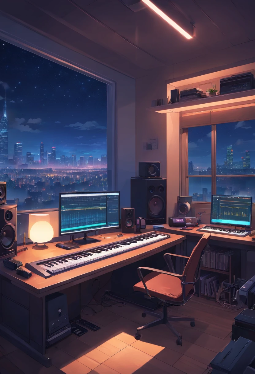 Music studio room, Dark room, Night, Computer, keyboard, Earphone, Monitor the speaker, Small lights, A high resolution, ultrasharp, 8K, Masterpiece