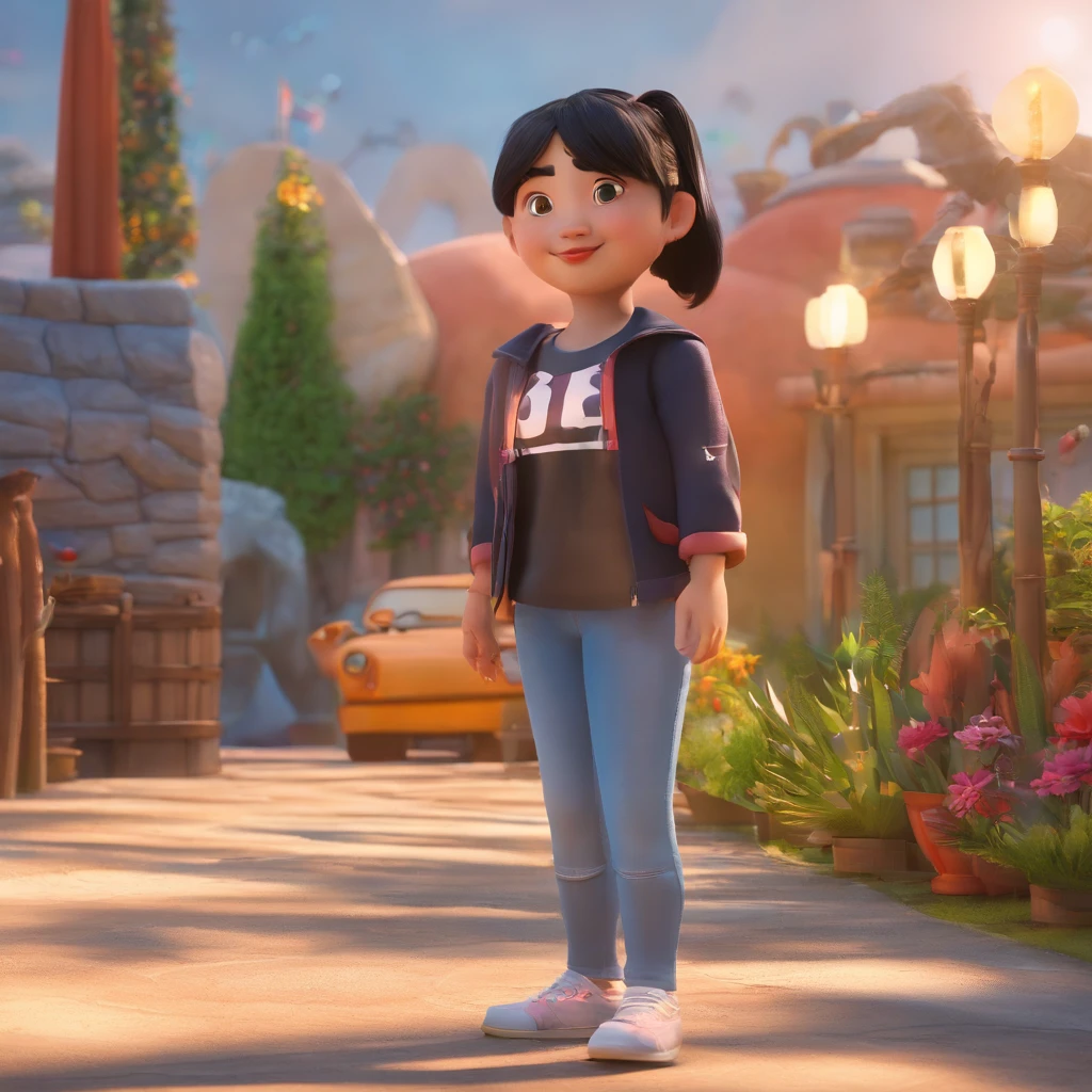 Crie um cartaz inspirado na Disney Pixar com o personagem sendo uma uma mulher japonesa de 30 anos, 80 quilos, with black eyes and black hair. She is wearing a black t-shirt, jeans, sneakers, and is standing in the scene.