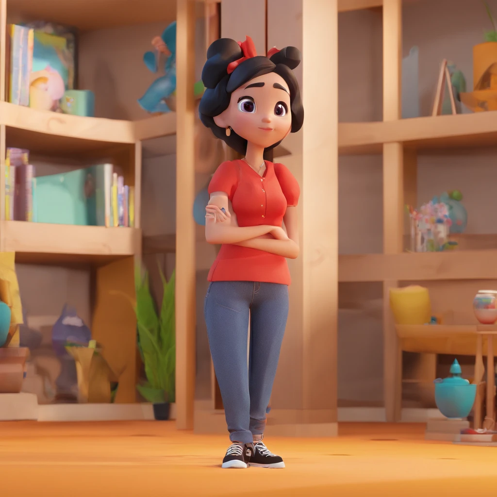 Crie um cartaz inspirado na Disney Pixar com o personagem sendo uma uma mulher japonesa de 30 anos, 80 quilos, with black eyes and black hair. She is wearing a black t-shirt, jeans, sneakers, and is standing in the scene.