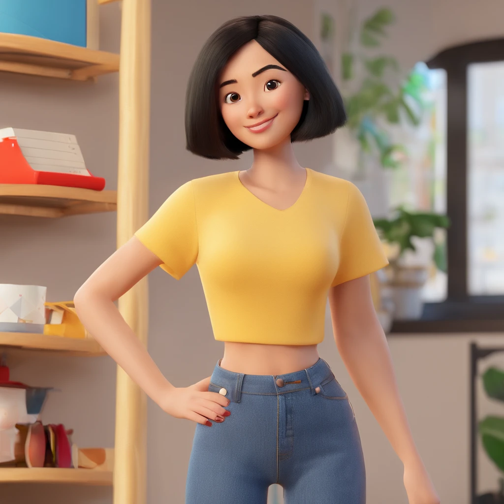 Crie um cartaz inspirado na Disney Pixar com o personagem sendo uma uma mulher japonesa de 30 anos, 80 quilos, with black eyes and black hair. She is wearing a black t-shirt, jeans, sneakers, and is standing in the scene.