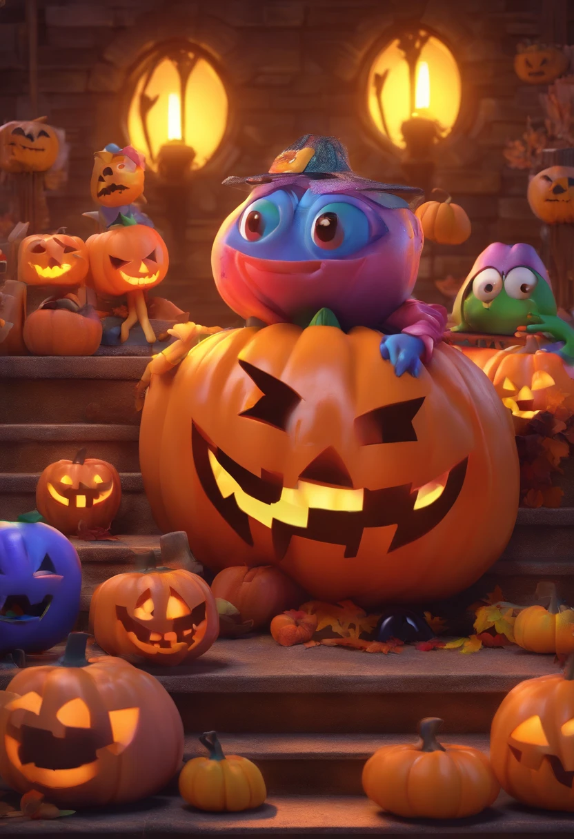 Estilo Pixar: duas amigas fantasiadas em uma festa de halloween da empresa, poster fofo, 3d,