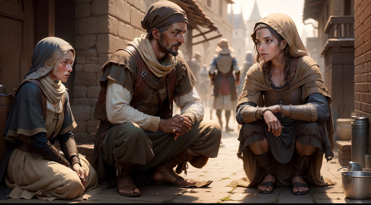 A group of beggars, dressed in torn burlap,Medieval People,highly detailed 4k digital art,Intricate, high detail, sharp-focus, dramatic,