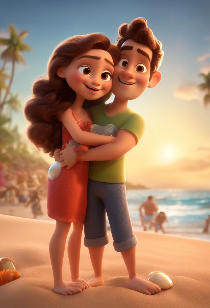 Homem dos desenhos animados com cabelo castanho e barba castanha vestindo uma camisa vermelha xadrez e uma mulher loira com um coque, They hug each other on a beach with shells in the sand, 3D animated film, animation film, Pixar 3D-Animationsstil, pixar renderman rendering, Maia 8 Mil, animation film, Disney Pixar Estilo 3D,