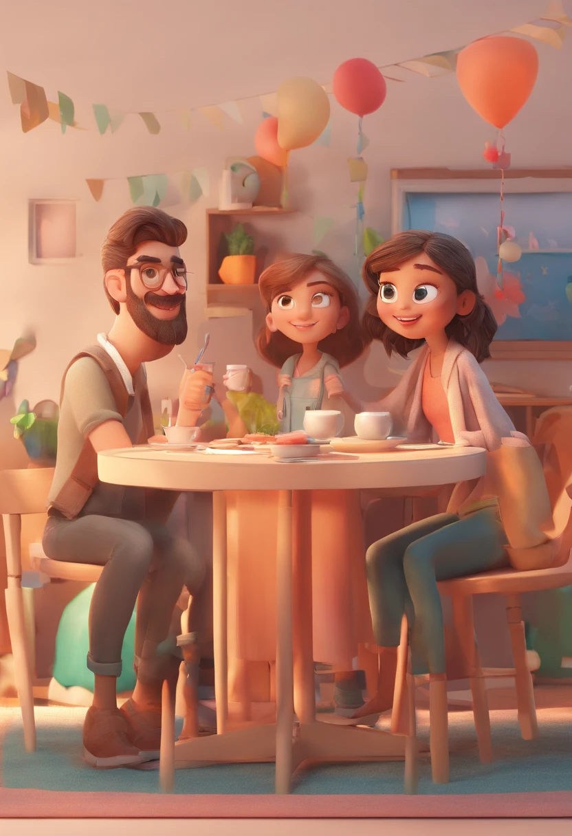 An illustration of an adorable couple, Destacando um homem e uma mulher com beleza, Expressive eyes – the man's hair is bald and brown and he has a full beard, While the woman's hair is tied up in a bun and blonde. They are a bright space, Todos com um sorriso no rosto, e compartilhe um momento especial, That is marked by love, viagem, and pedagogical insights. Ilustre esta cena a partir de uma perspectiva, where they're facing away from the camera, Show Your Connection. Desenvolva esta arte em Full HD, Focus on your cinematic touch, Estilo Disney Pixar Animations
