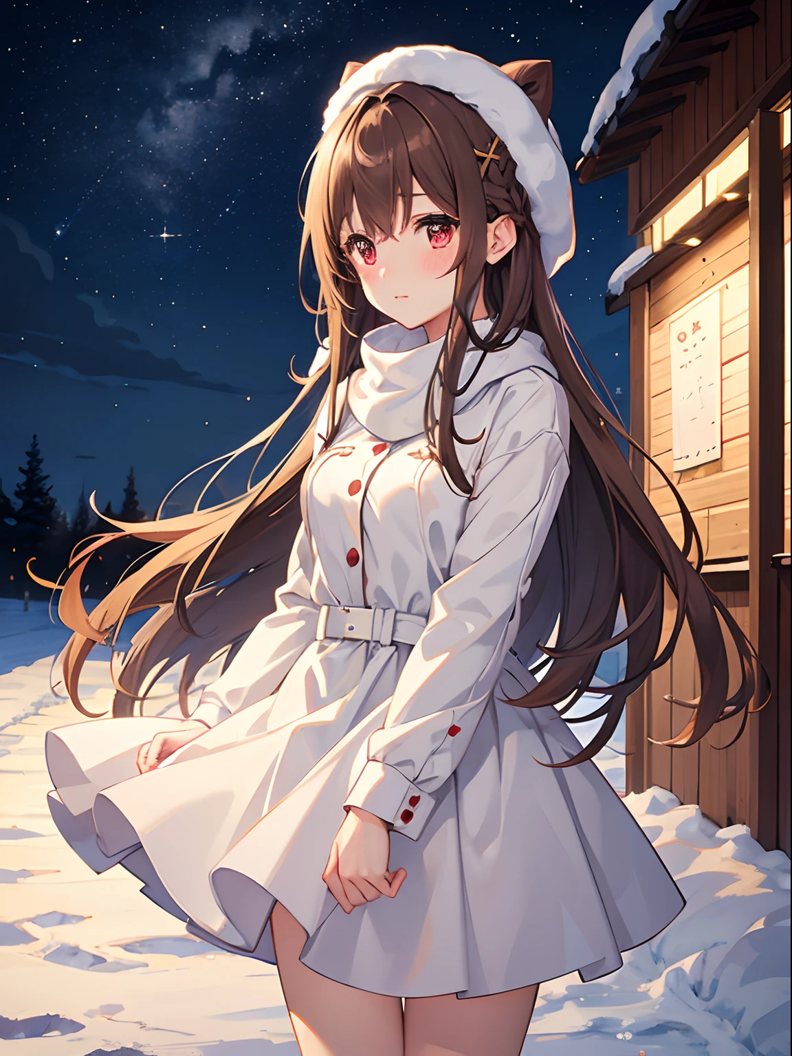 1girl in, Light brown SHRT hair, Red Eyes, center parted hair, medium breasts, Cute, blush, winter, outdoors, night, starry sky, warm clothes