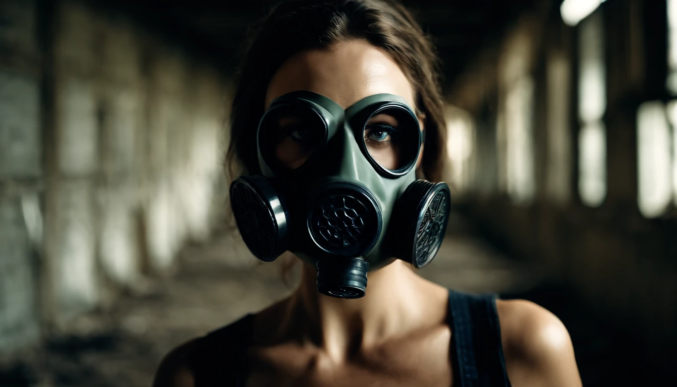 half body shot of a woman with an anti-gas mask in an abandoned factory, dark ambient, industrial aesthetic, techno aesthetic, techno fashion, horror movie, cinematic, ultra detailed, masterpiece.