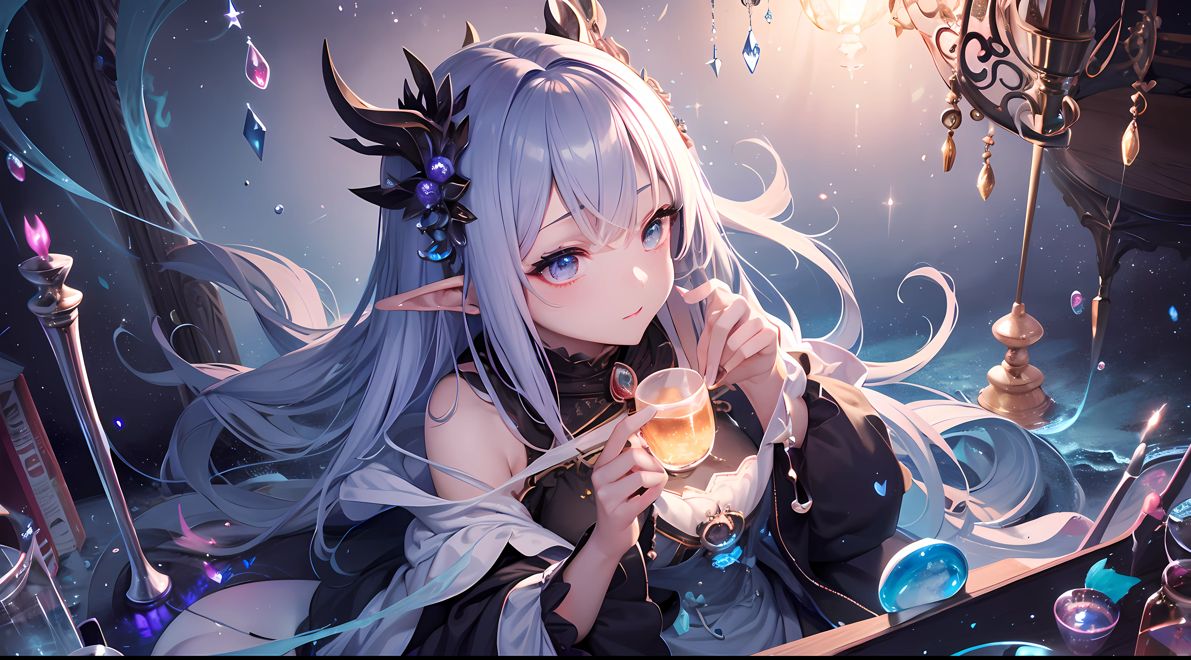 Top image quality、Fine writing、full bodyesbian、animesque、illustratio、ultra-definition、A detailed eye、Detailed facial、Fantasia、s girl、Wearing wizard's clothes、Long hair in one knot、length hair、scientist、Drinking tea、Lots of bubbles、under the water、abyssal、AngelT、Piles of books、fantastical light、magia、sorcerer、Wearing coral or pearls、dark ambiance、candelabra、Pedras preciosas、precious metal、Cluttered room、Realistic bubbles、Realistic water droplets、Under the sea、