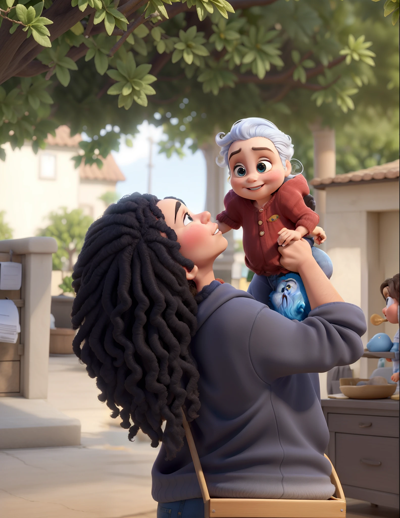 Obra-prima, de melhor qualidade, uma jovem, cabelos pretos onduladas, segurando bebe de cabelos claros , estilo Disney Pixar