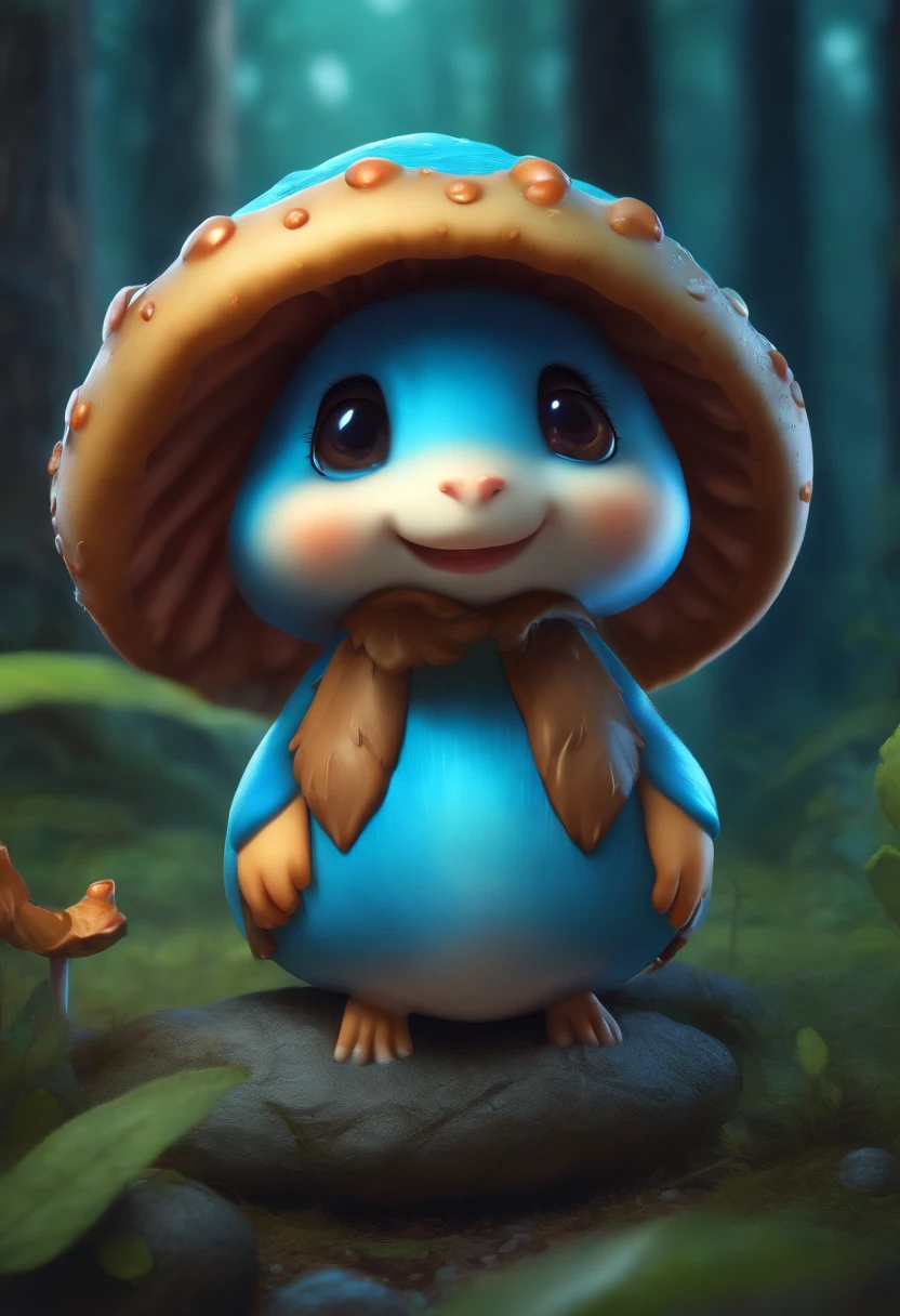 Blue mushrooms，Cute detailed digital art, lovely digital painting, adorable digital art, cute character, Cute cartoon character, advanced digital chibi art, cute forest creature, childrens art in artstation, cute 3 d render,