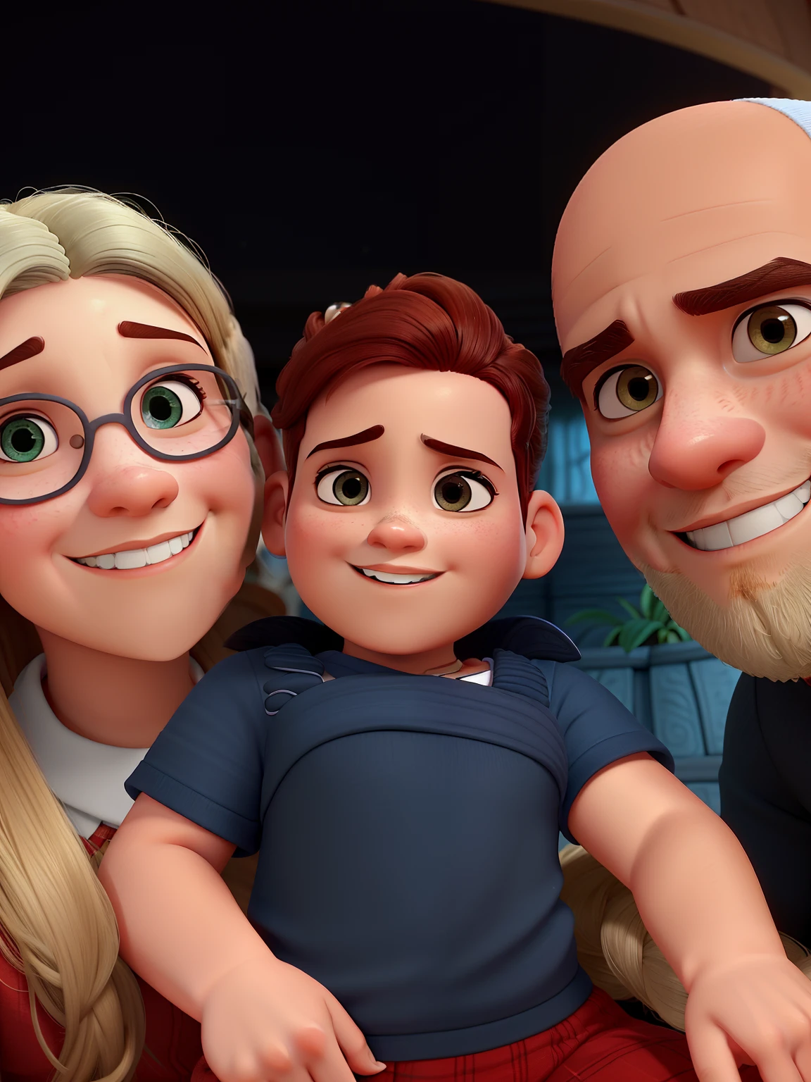 Uma mulher loira, com sobrancelha , um menino de 8 meses moreno com cabelo ondulado, com sobrancelha, um homem careca com barba, estilo disney pixar. alta qualidade, melhor qualidade
