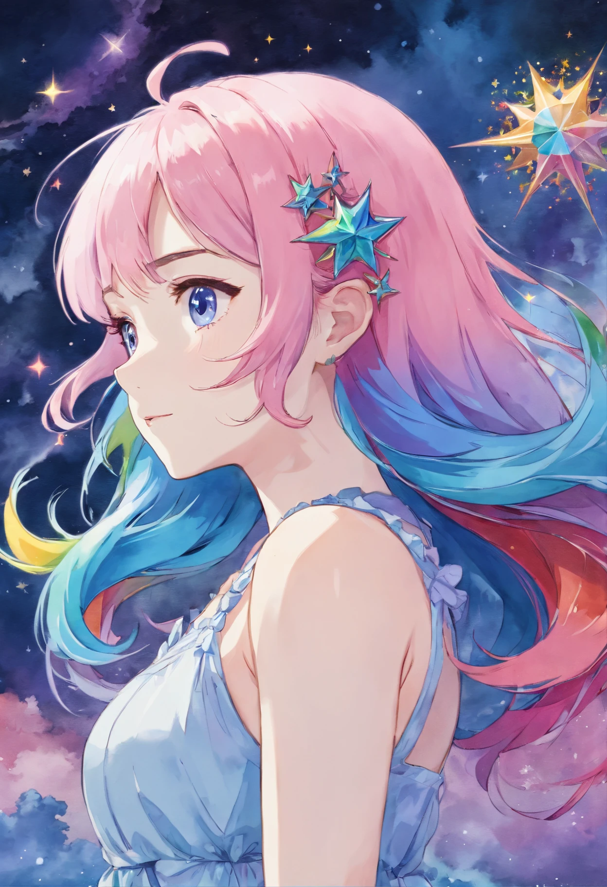 (masterpiece, top quality, best quality,watercolor (medium),official art, beautiful and aesthetic:1.2),(1girl:1.3), (fractal art:1.3),upper body, from side, looking at viewer,patterns,(rainbow color Hair,colorful hair,half blue and half pink hair:1.2),water,liquid, cloud,colorful, starry,stars,