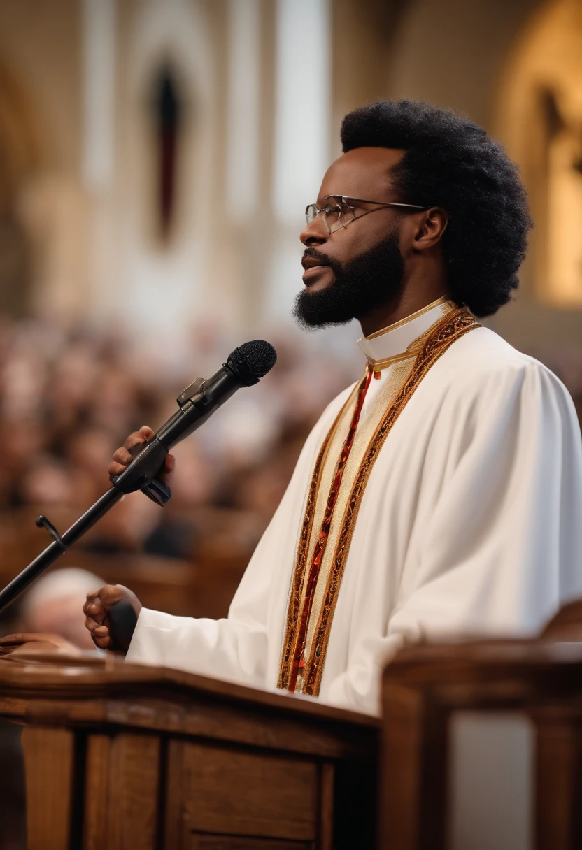 .Um pastor da igreja usando terno e gravata, He uses a microphone and in the background is the church audience, He's standing next to a glass pulpit. his hair is black, cacheado e curto, ele usa barba e tem sobrancelhas grossas. Ele tem pele clara. Do it pixar style