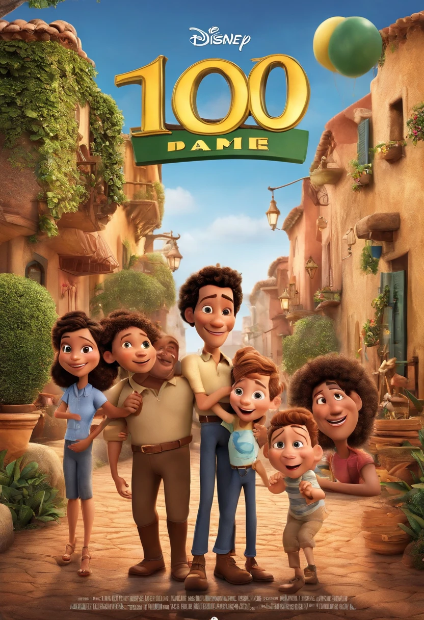 a Disney Pixar movie poster showing a white man, de 35 anos, com rosto arrendodando e sem cabelo no centro da imagem, ao lado tem uma 2 familias de pele branca e outra de pele escura. Both families are fathers and mothers and have two children, Children must hold a credit card. Everyone in the scene is a Brazilian person.. The background is a city with houses in the background, happy population, It's a neighborhood. 3D-rendering