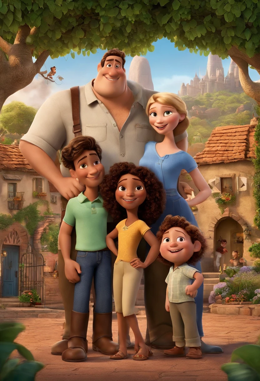 a Disney Pixar movie poster showing a white man, de 35 anos, com rosto arrendodando e sem cabelo no centro da imagem, ao lado tem uma 2 familias de pele branca e outra de pele escura. Both families are fathers and mothers and have two children, Children must hold a credit card. Everyone in the scene is a Brazilian person.. The background is a city with houses in the background, happy population, It's a neighborhood. 3D-rendering