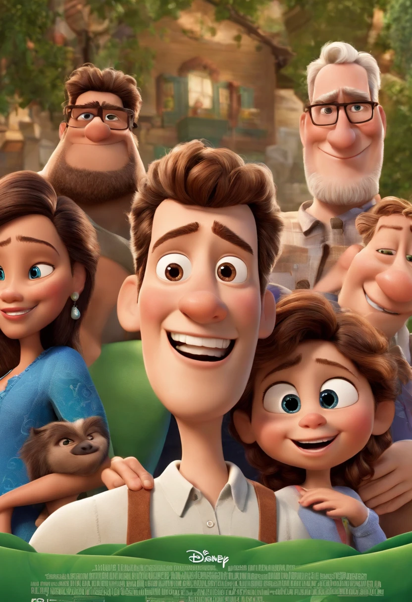 a Disney Pixar movie poster showing a white man, de 35 anos, com rosto arrendodando e sem cabelo no centro da imagem, ao lado tem uma 2 familias de pele branca e outra de pele escura. Both families are fathers and mothers and have two children, Children must hold a credit card. Everyone in the scene is a Brazilian person.. The background is a city with houses in the background, happy population, It's a neighborhood. 3D-rendering