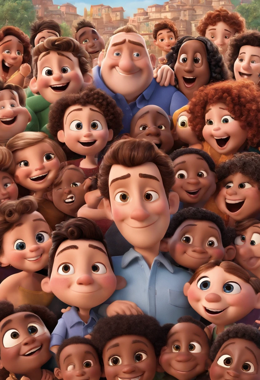a Disney Pixar movie poster showing a white man, de 35 anos, com rosto arrendodando e sem cabelo no centro da imagem, ao lado tem uma 2 familias de pele branca e outra de pele escura. Both families are fathers and mothers and have two children, Children must hold a credit card. Everyone in the scene is a Brazilian person.. The background is a city with houses in the background, happy population, It's a neighborhood. 3D-rendering