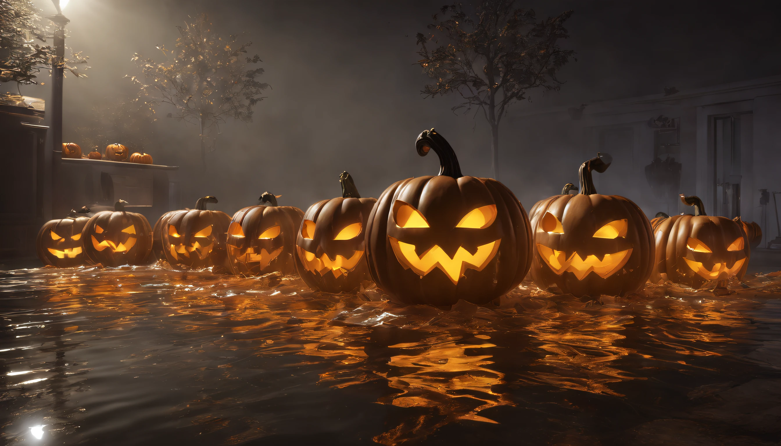 Halloween Floating Lights, Cinematographic light and reflection, glowing lights, Intermediate elements of the metaverse, reflets brillants, Reflect, Halloween Jack-o'-lantern, Belle ambiance, Skylights at night, Quiet atmosphere in the evening, Halloween, Halloween, ray tracing, god rays, reflection light, high details, UHD, masterpiece, super detail, 16k