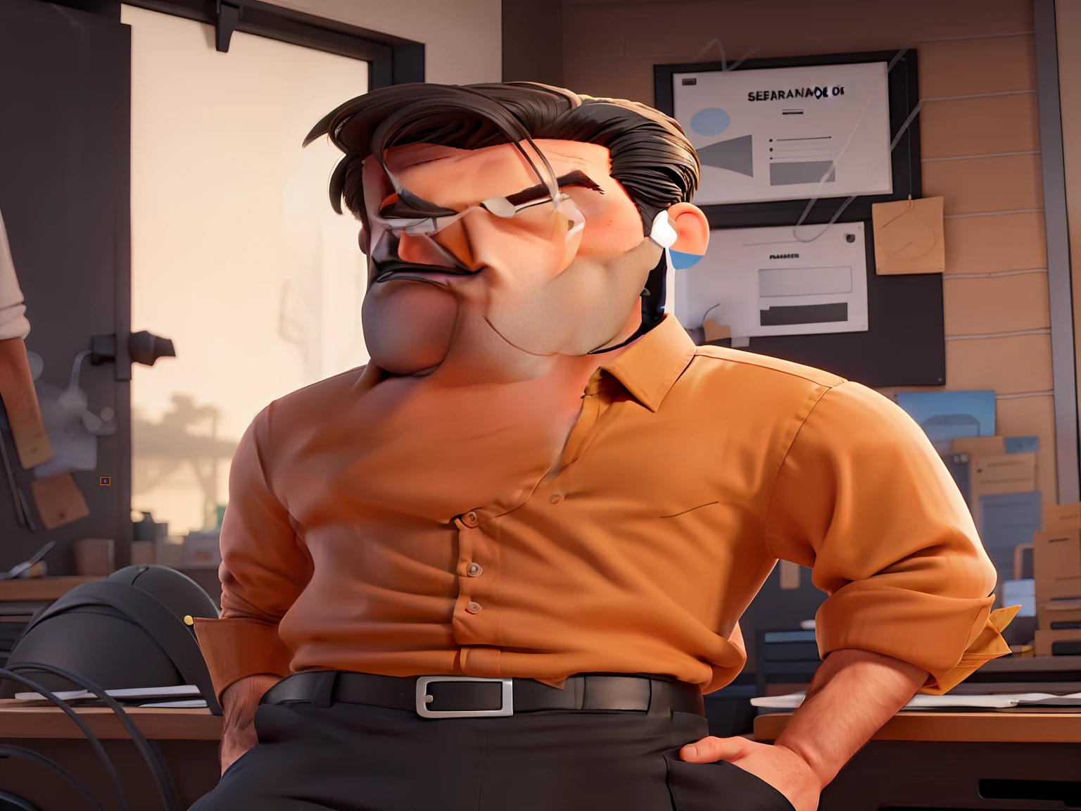 Jon Hamm dressed in an blck shirt and black pants, e apontando para o lado com o dedo indicador em uma sala de costura