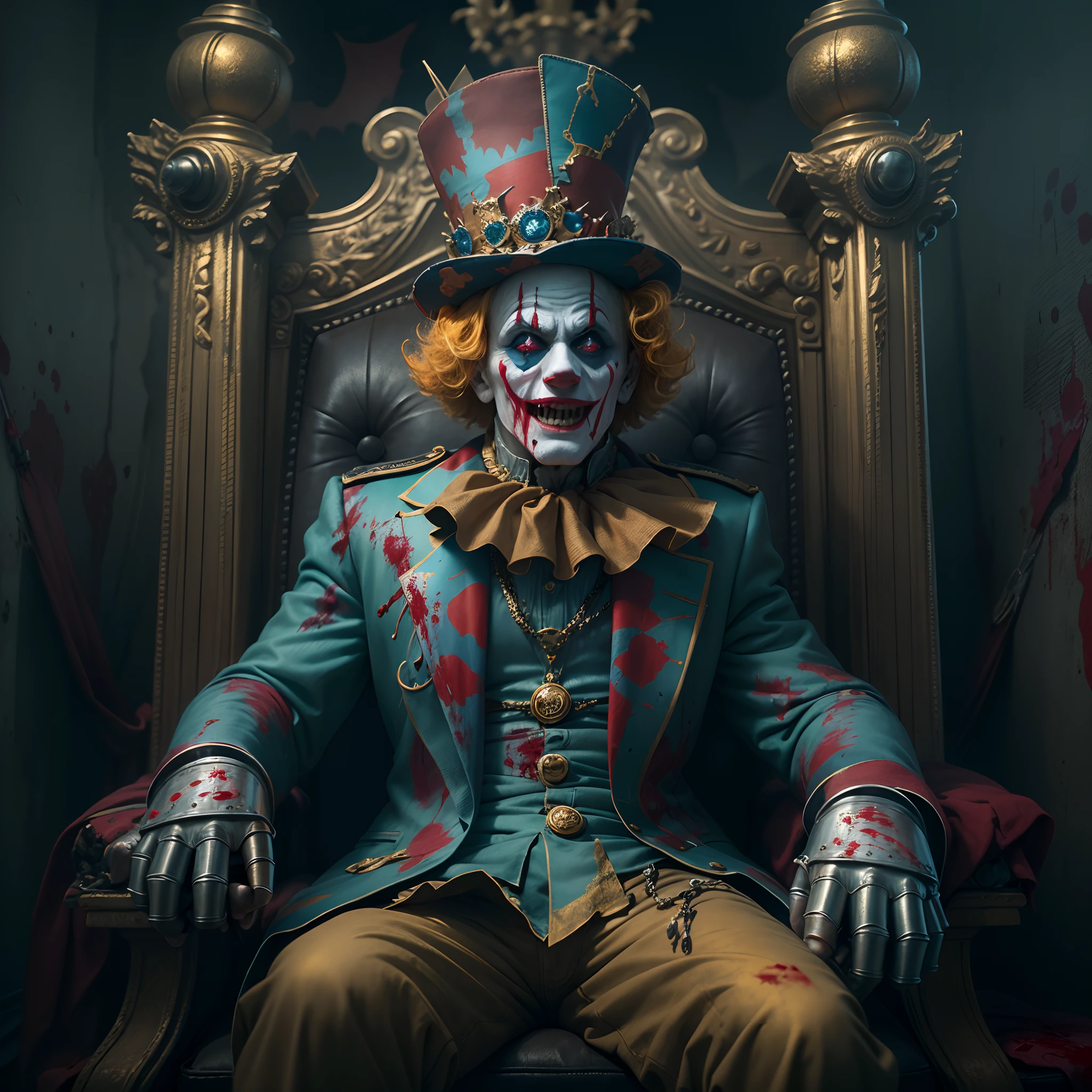 Crazy clown emperor, sitting on a golden throne,Wear a clown hat, Wear clown costumes, (metal gauntlet),Circus props,Laughing, Deep blonde hair.((Blood fog)),Spooky atmosphere,(Abandoned amusement park). Surrealist style, vivd colour,Sharp contrast, ominous lighting, high-density imaging review, Ultra-high definition, Studio lighting,physically-based renderingt, professional (scary style).(Best quality,4K,8K,A high resolution,Masterpiece:1.2),(Realistic,Photorealistic,photo-realistic:1.37).
