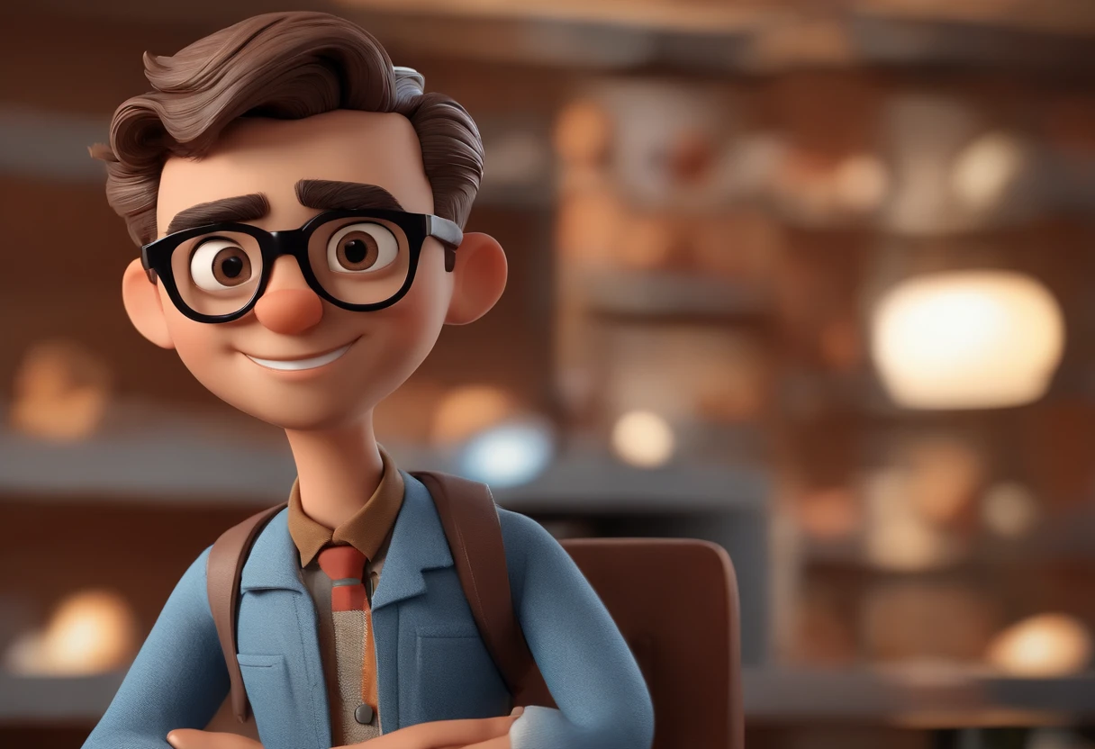 Cartoon character of a man with black glasses, cabelo cacheado marrom escuro e uma camisa azul, animation character, Caractere estilizado, animation style rendering, 3D estilizado, Arnold Maya render, 3 d render stylized, toon render keyshot, Personagem 3D, Personagem 3D, 3d rendering stylized, 3 d character render, personagem de desenho animado, Personagem de close up, Pose de personagem, (Estilo Pixar) (master part:1.2) (Bokeh) (best quality) (pele detalhada) (textura detalhada) (8k) (argila) (Cinematic lighting) (foco nítido