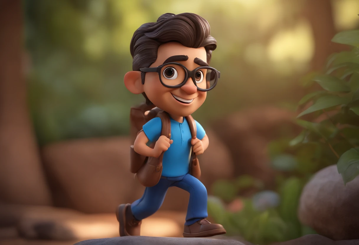 Cartoon character of a man with black glasses, cabelo cacheado marrom escuro e uma camisa azul, animation character, Caractere estilizado, animation style rendering, 3D estilizado, Arnold Maya render, 3 d render stylized, toon render keyshot, Personagem 3D, Personagem 3D, 3d rendering stylized, 3 d character render, personagem de desenho animado, Personagem de close up, Pose de personagem,  (Estilo Pixar) (master part:1.2) (Bokeh) (best quality) (pele detalhada) (textura detalhada) (8k) (argila) (Cinematic lighting) (foco nítido