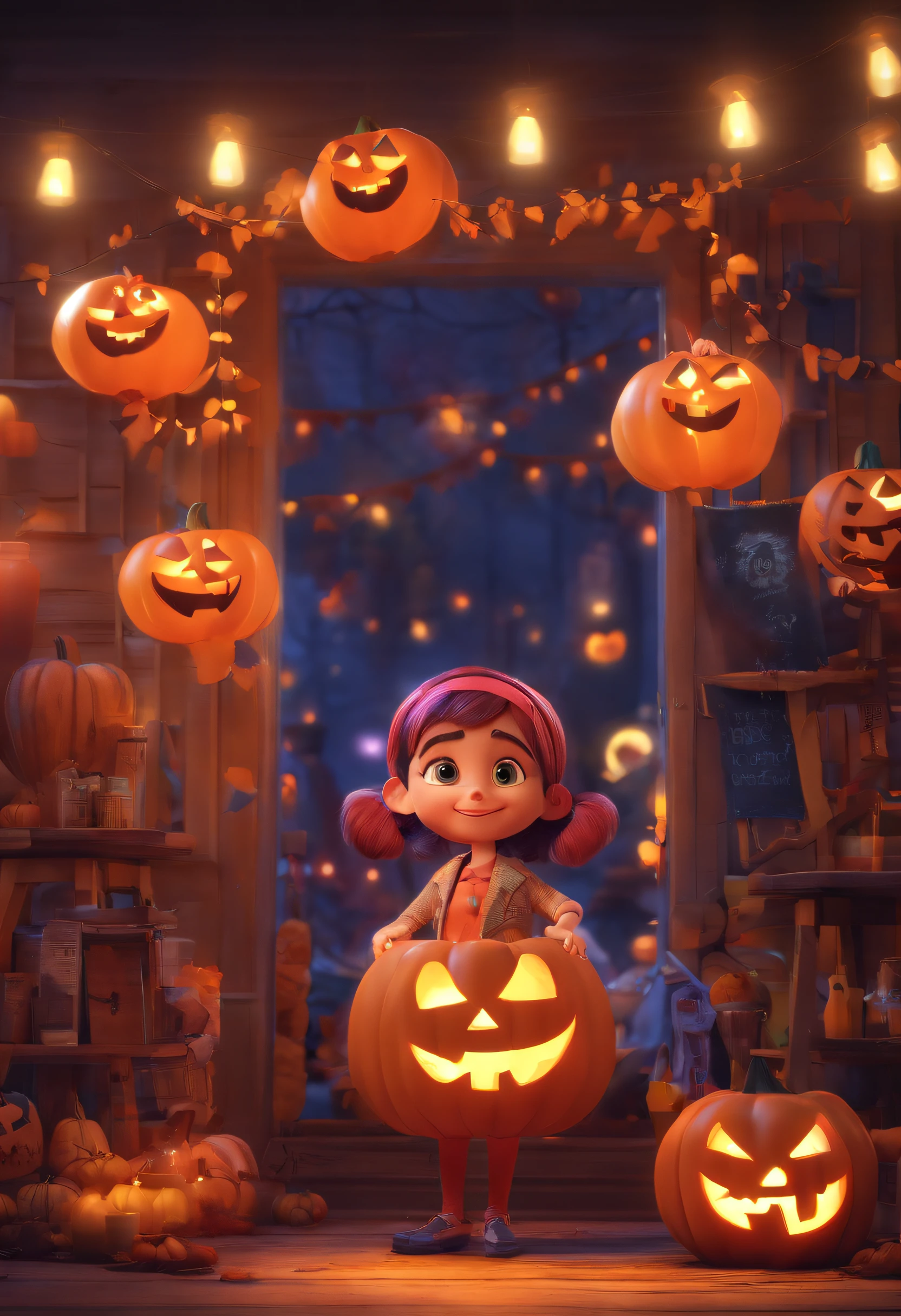 Estilo Pixar: duas amigas fantasiadas em uma festa de halloween da empresa, poster fofo, 3d,