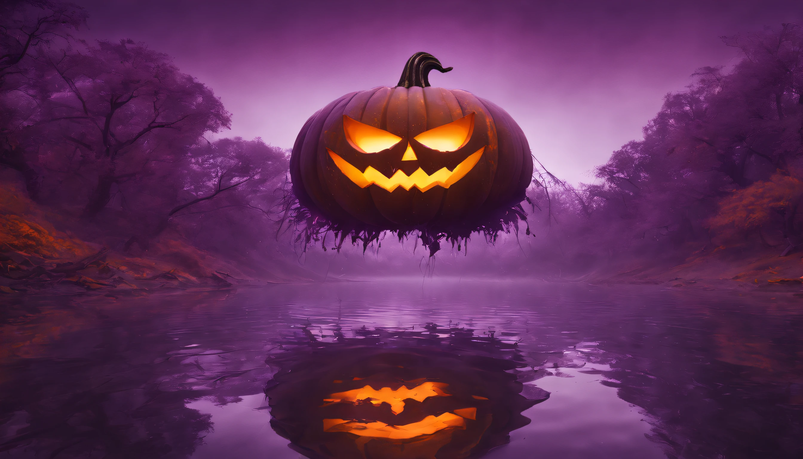 (masterpiece), best quality, halloween, pumpkin, purple, orange, vibrant colors, magical, reflection in river, surreal, landscape