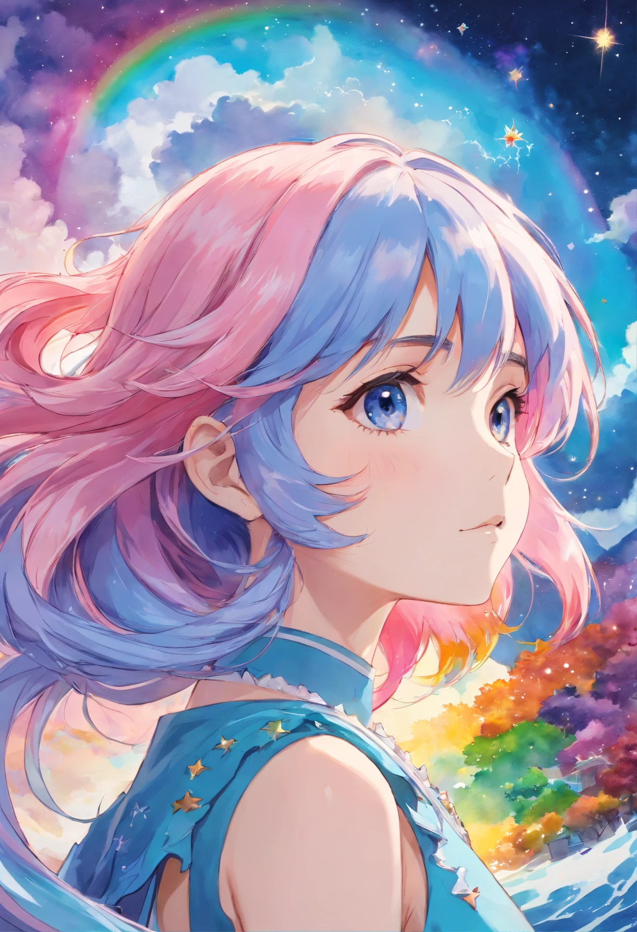 (masterpiece, top quality, best quality,watercolor (medium),official art, beautiful and aesthetic:1.2),(1girl:1.3), (fractal art:1.3),upper body, from side, looking at viewer,patterns,(rainbow color Hair,colorful hair,half blue and half pink hair:1.2),water,liquid, cloud,colorful, starry,stars,