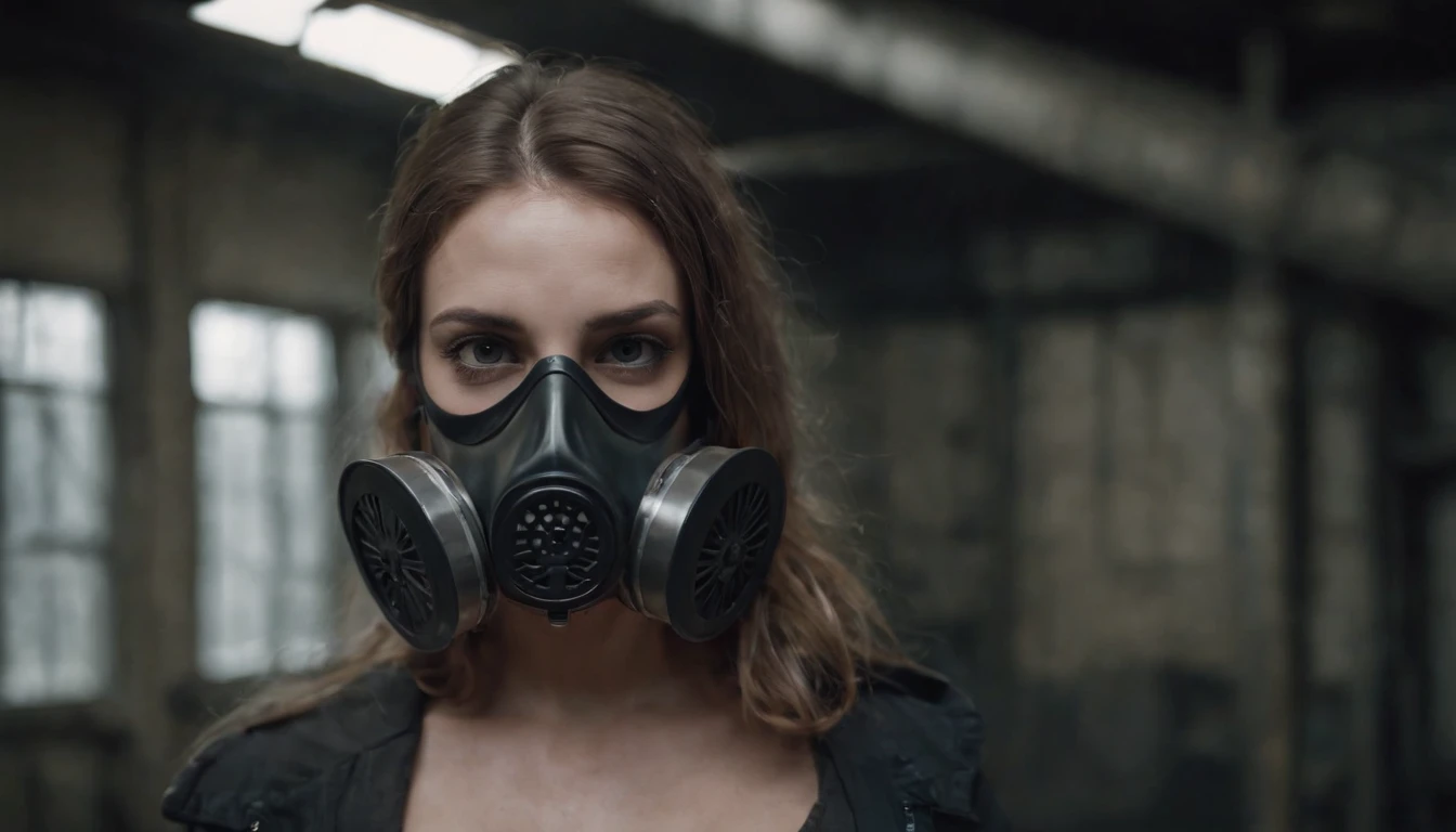 half body shot of a woman with an anti-gas mask in an abandoned factory, dark ambient, industrial aesthetic, techno aesthetic, techno fashion, horror movie, cinematic, ultra detailed, masterpiece.