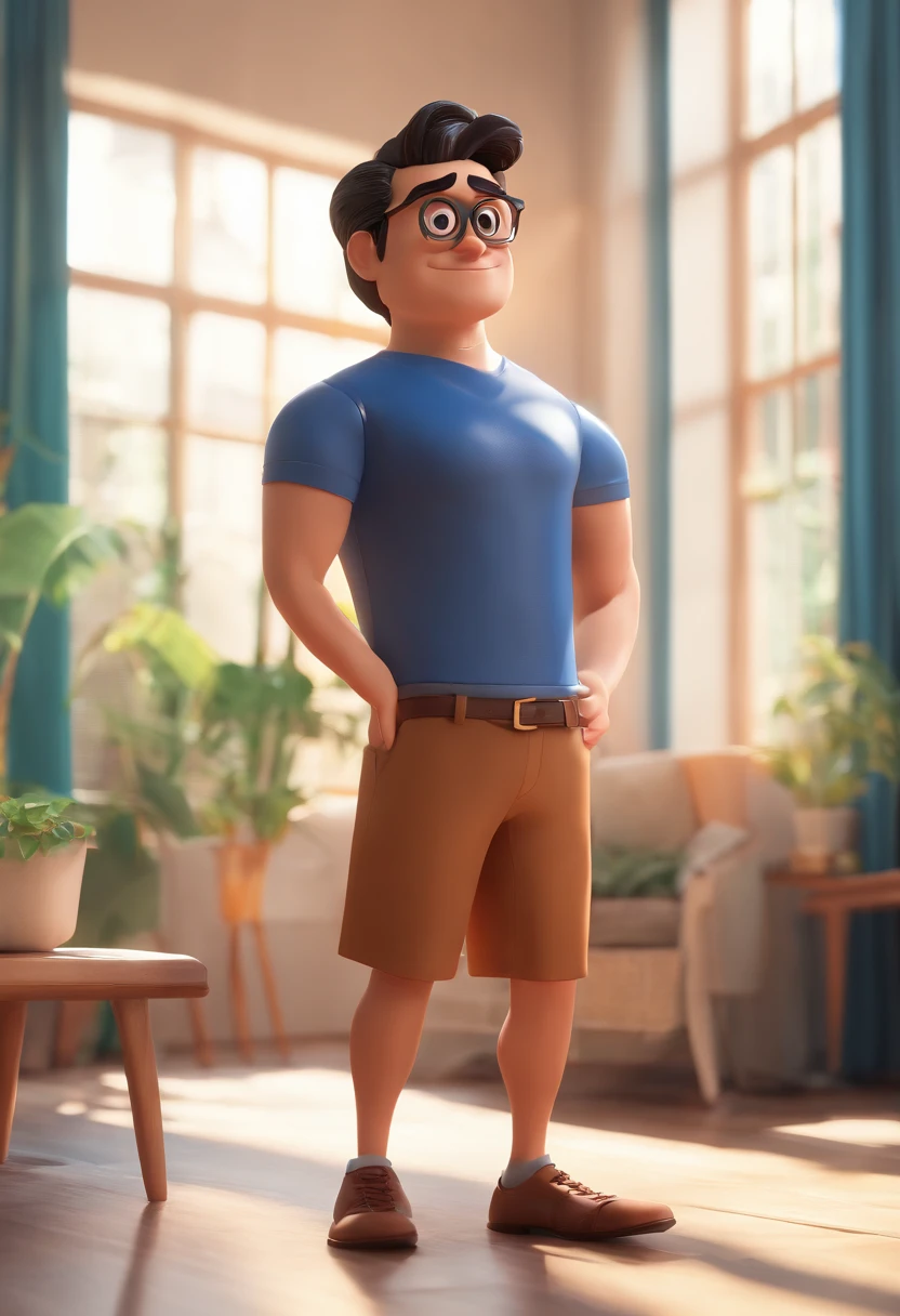 Cartoon character of a man in black glasses and a blue shirt, anime character, Stylized characters, Animation-style rendering, stylized 3 d, Arnold Maya Render, 3 d render stylized, Toon Render Keyshot, 3d character, 3d character, 3 d render stylized, 3 d character render, Cartoon characters, close up character, Character Pose, (Pixar Style) (Master Part:1.2) (Bokeh) (Best Quality) (Detail skin) (detailed texture) (8K) (clay) (Cinematic lighting) (foco nítido，Sit down and hollow your upper body.