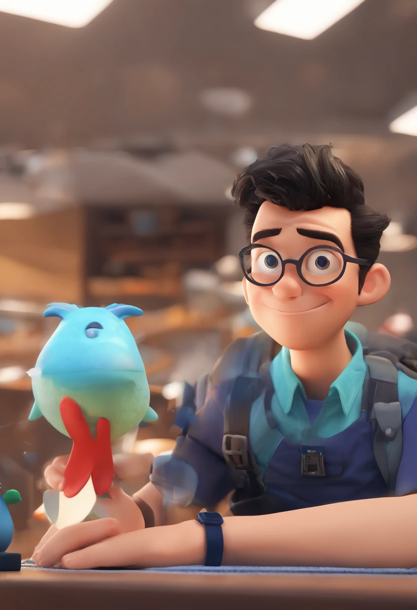 Cartoon character of a man in black glasses and a blue shirt, anime character, Stylized characters, Animation-style rendering, stylized 3 d, Arnold Maya Render, 3 d render stylized, Toon Render Keyshot, 3d character, 3d character, 3 d render stylized, 3 d character render, Cartoon characters, close up character, Character Pose, (Pixar Style) (Master Part:1.2) (Bokeh) (Best Quality) (Detail skin) (detailed texture) (8K) (clay) (Cinematic lighting) (foco nítido,Sit down and hollow your upper body.