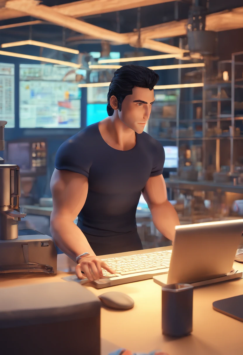 man, with black hair, black t-shirt, brown eyes, with navy blue background, working on the computer serving a customer in a glass shop