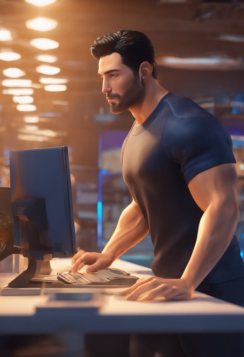 man, with black hair, black t-shirt, brown eyes, with navy blue background, working on the computer serving a customer in a glass shop