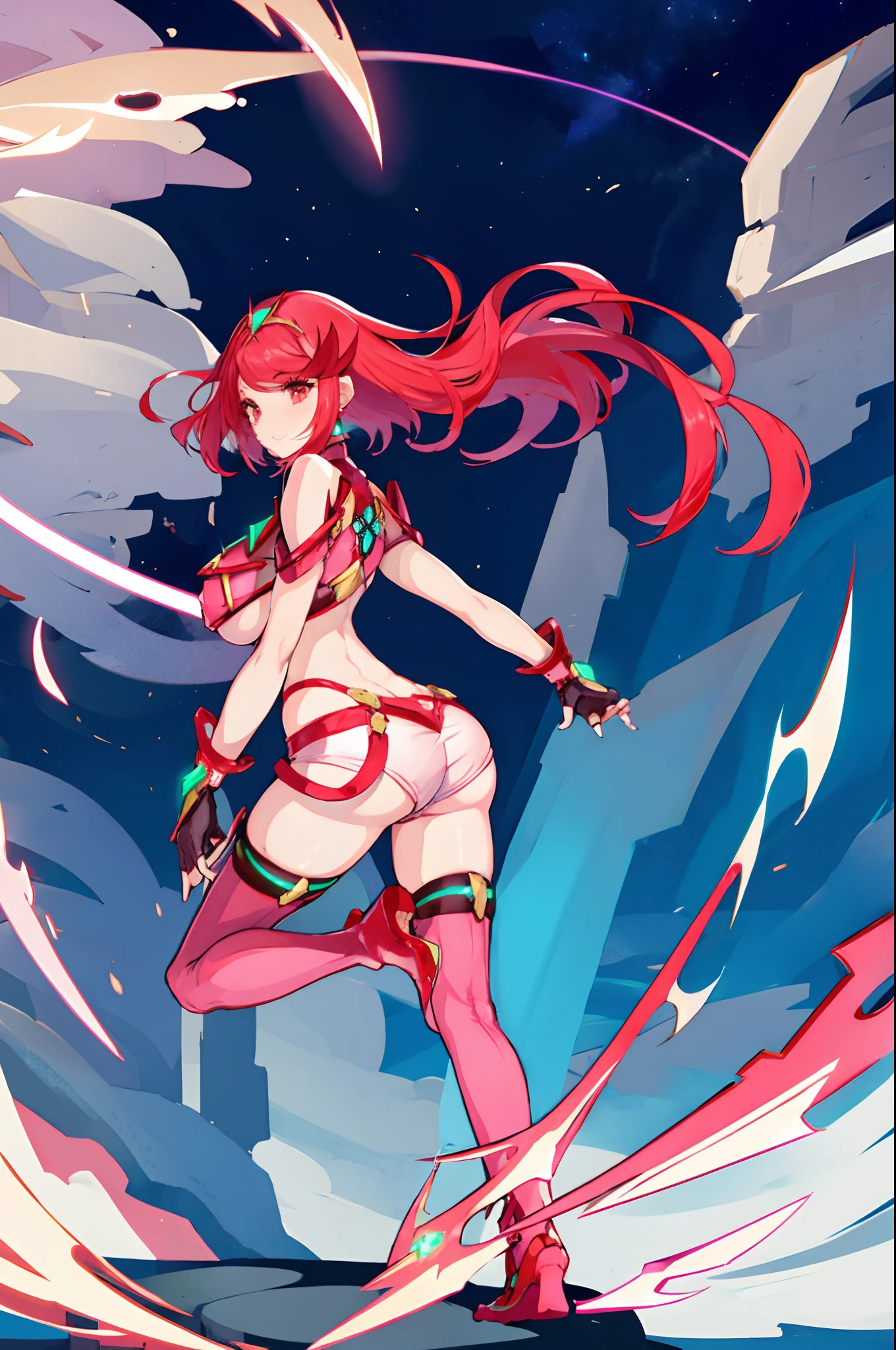 pyra \(xenoblade\), _1girl, lolibangs, black gloves, breasts, red eyes, shout, earrings, eyelashes, fingerless gloves, floating hair, , gem, gloves, hair ornament, headpiece, jewelry, gigantic_breasts, leaning back, swimsuit, neon trim, official art, pose, red hair, saitou masatsugu, short hair, sidelocks, skin tight, solo, swept bangs, thighhighs, tiara, fantasy_town_background, underbust, xenoblade chronicles \(series\), (xenoblade chronicles 2), (spread_legs:1.1), fire_effect,dynamic_pose,fighting,light_smile, (plump:1.1), big_ass,huge_sword, hold_large_sword_hilt, covered_nipples, covered_pussy, fists,ponytail,beautiful_fingers,(solo:1.1), bare_shoulder,(shoulder_naked:1.2), nipple_jewel,back, back_view, focus_ass,ass, (very_short_shorts:1.3),(lise_leg:1.4)
