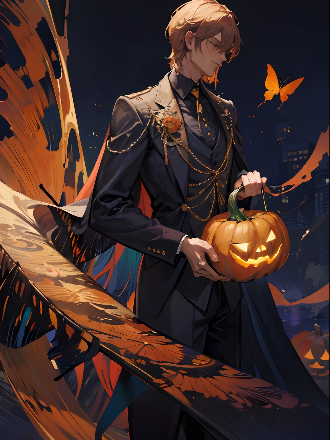 masterpiece, (dark:1.4), butterfly, 1 man, tall handsome man, halloween theme, pumpkin