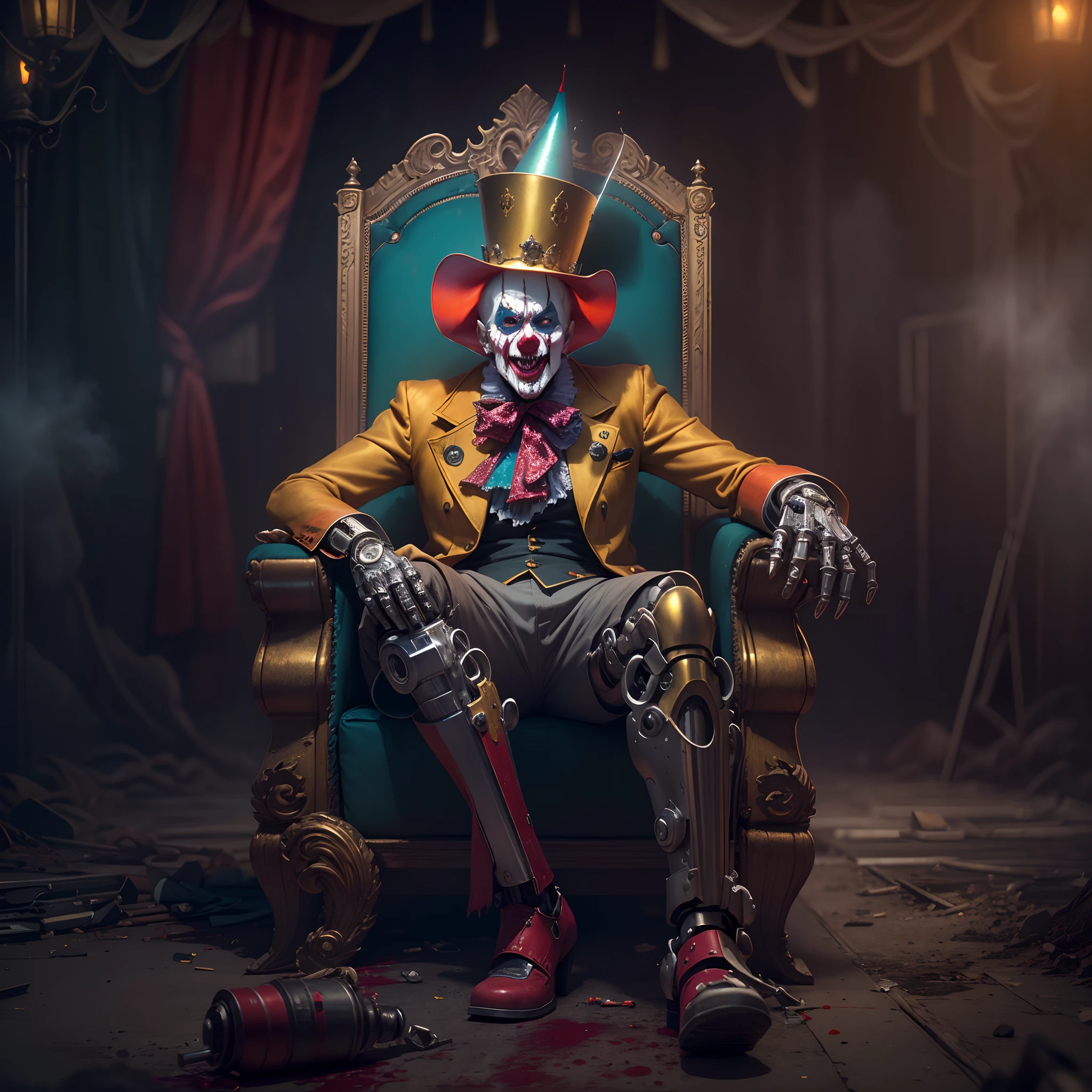 The Crazy Cyborg Clown Emperor,sitting on a golden throne,Wear a clown hat, Wear clown costumes, (Metal mechanical limbs),Circus props,Laughing, Deep blonde hair.((Blood fog)),Spooky atmosphere,(Abandoned amusement park). Surrealist style, vivd colour,Sharp contrast, ominous lighting, high-density imaging review, Ultra-high definition, Studio lighting,physically-based renderingt, professional (scary style).(Best quality,4K,8K,A high resolution,Masterpiece:1.2),(Realistic,Photorealistic,photo-realistic:1.37).