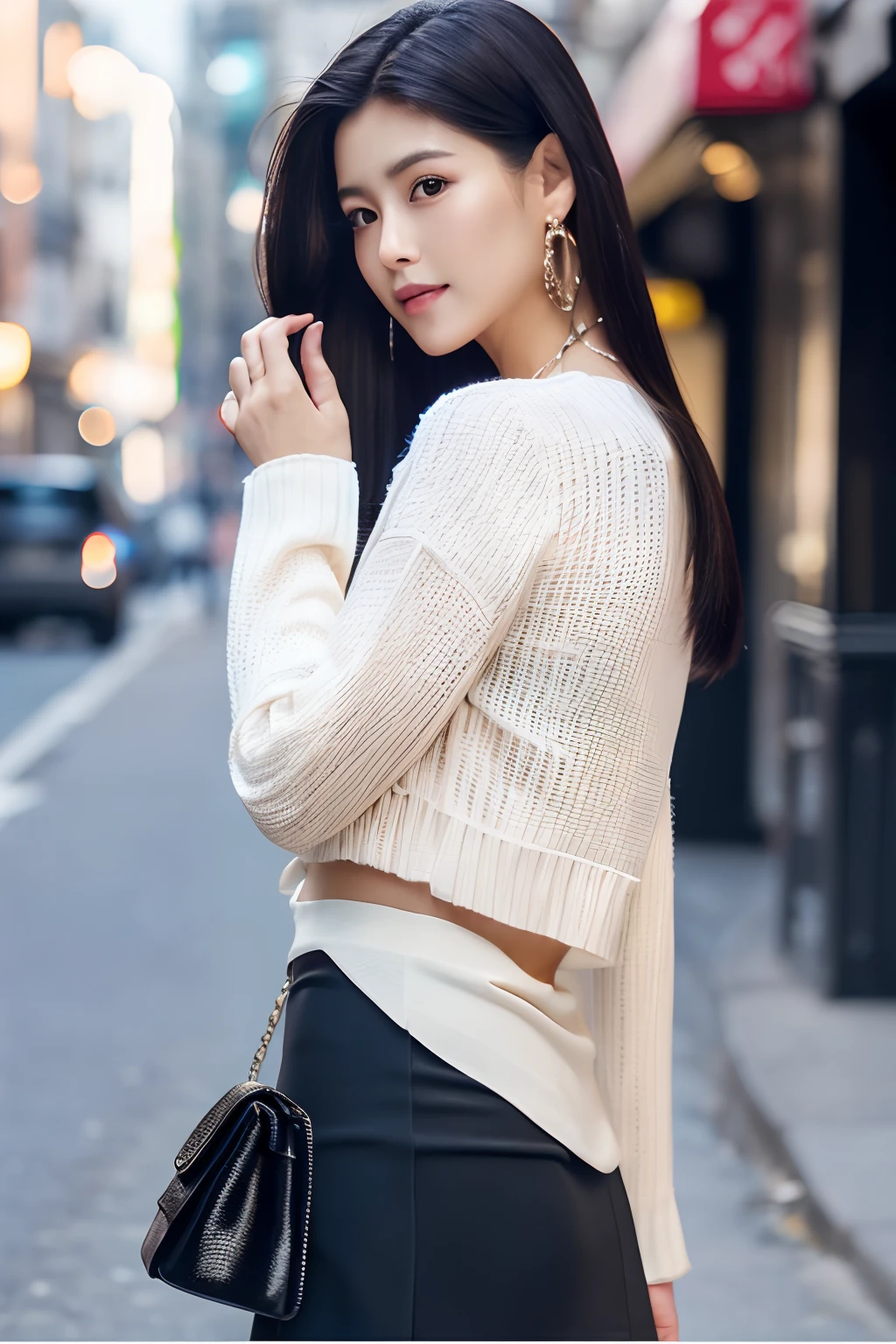 ((top-quality、in 8K、masterpiece:1.3))、foco nítido:1.2、Beautiful woman perfect body:1.4、Slim abs:1.2、((Longhaire、straight haired:1.2))、(Long sleeve knit、tight skirts:1.1)、(Sateen、a street:1.2)、wetbody:1.5、Three-dimensional texture、A detailed eye、Black hair、Very shiny hair、posterior view、Hair quality improvement